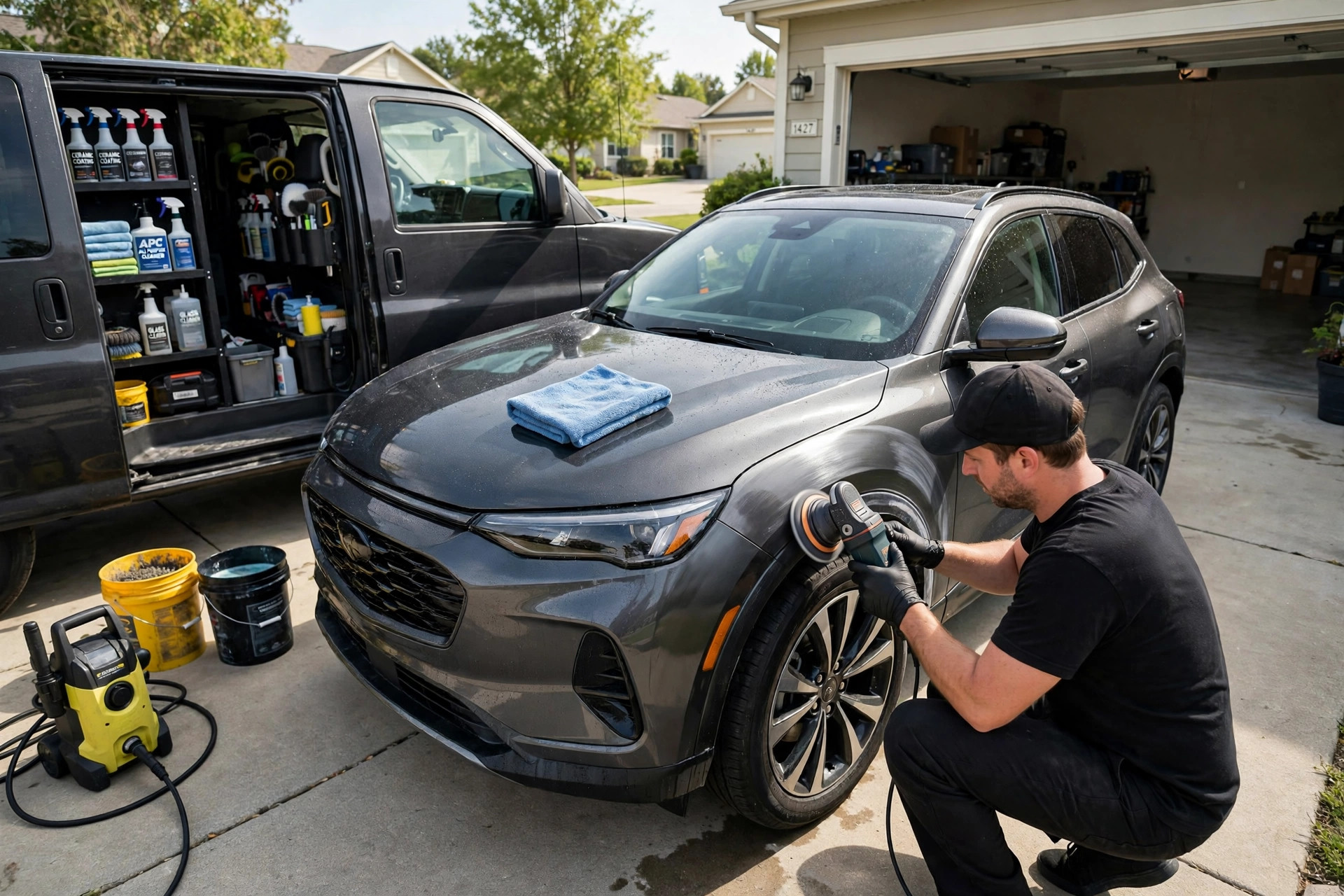 A mobile auto detailer polishing a customer's SUV beside his company van, gear open and ready