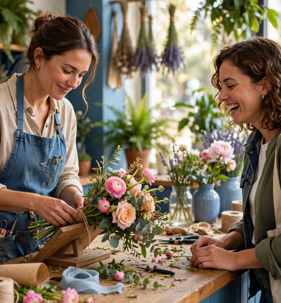 A florist tying a bouquet while a customer laughs beside her