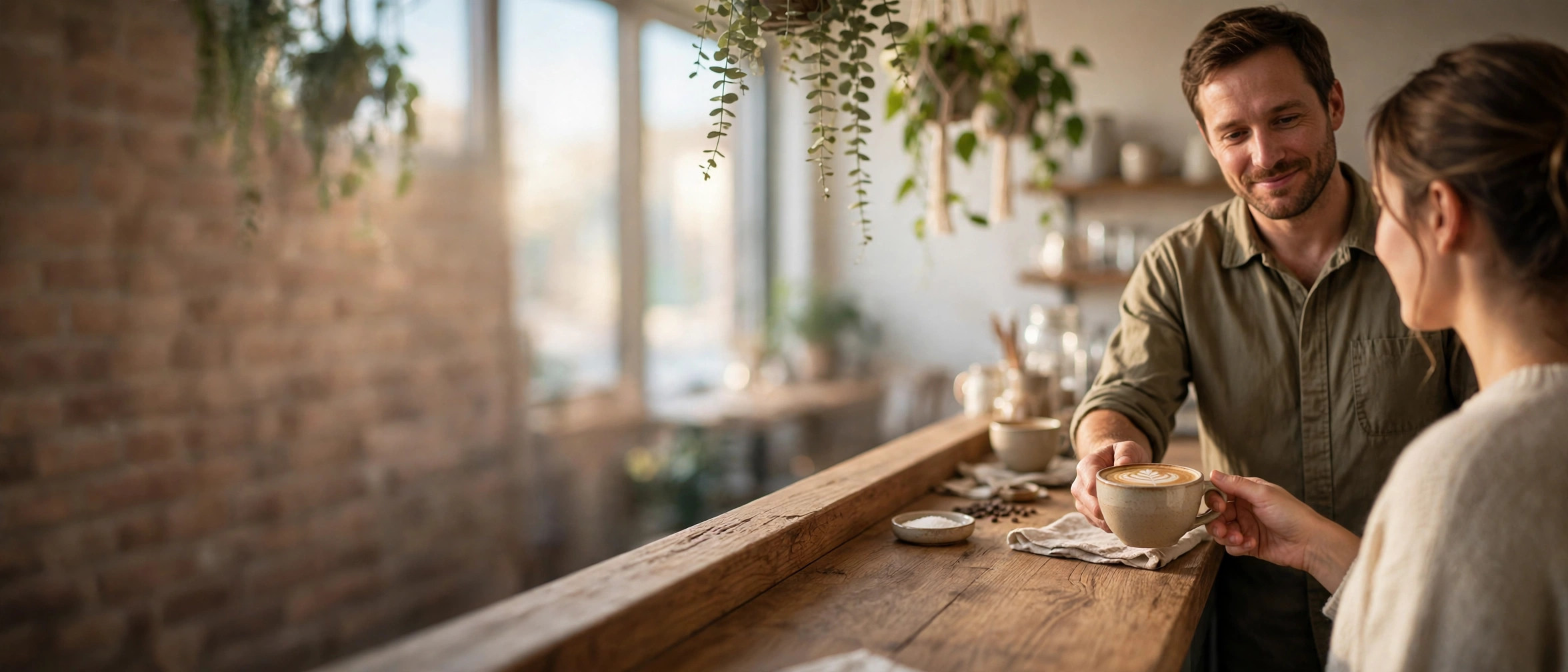 A cafe owner with a gentle smile handing a cup of coffee to a customer across a wooden counter, with soft brick, tall windows, and hanging plants behind them