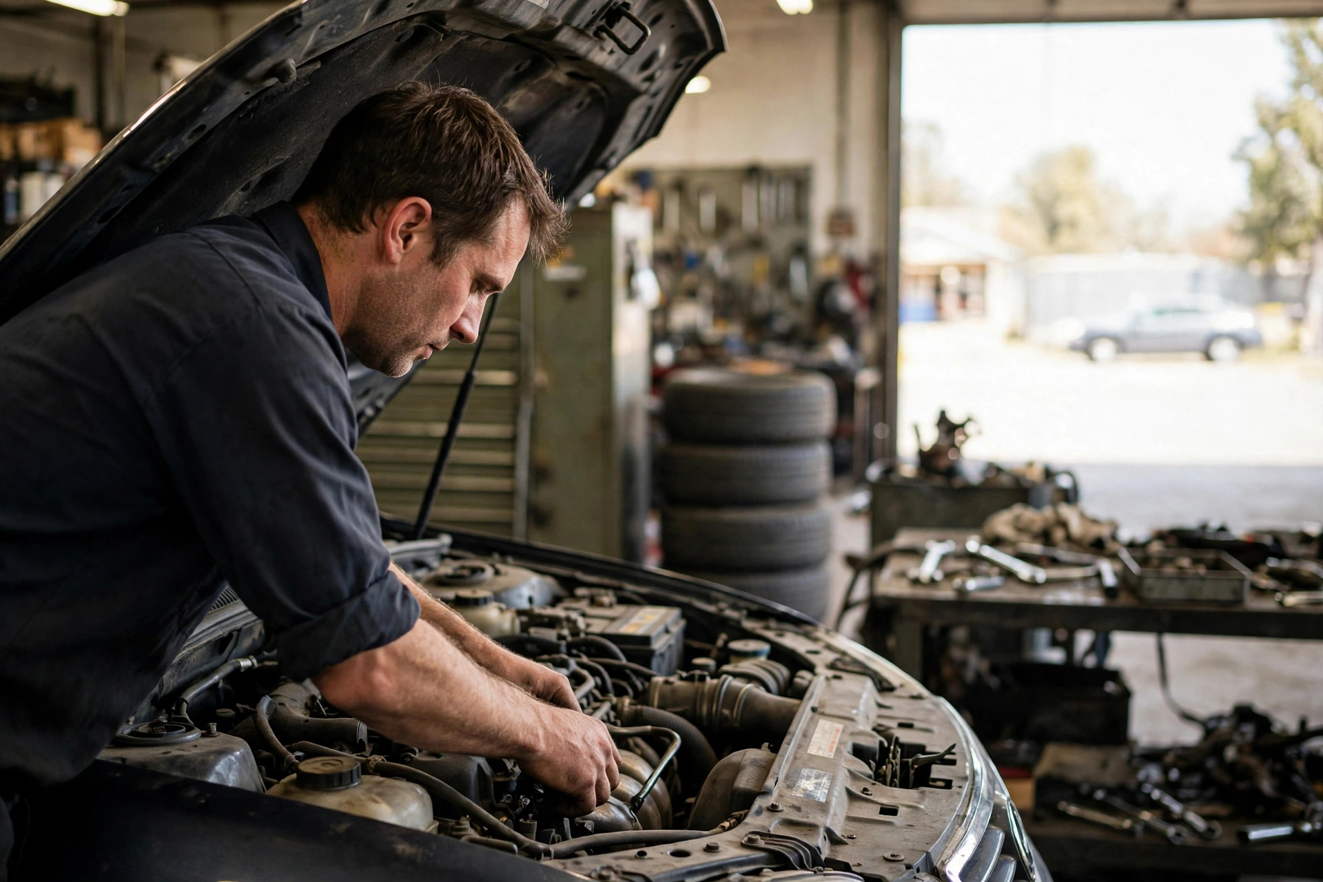 A mechanic in a dark work shirt leaning over the open hood of a sedan in a small auto repair shop, hands in the engine bay, a stack of tires and a workbench behind him in the natural light from the open bay door