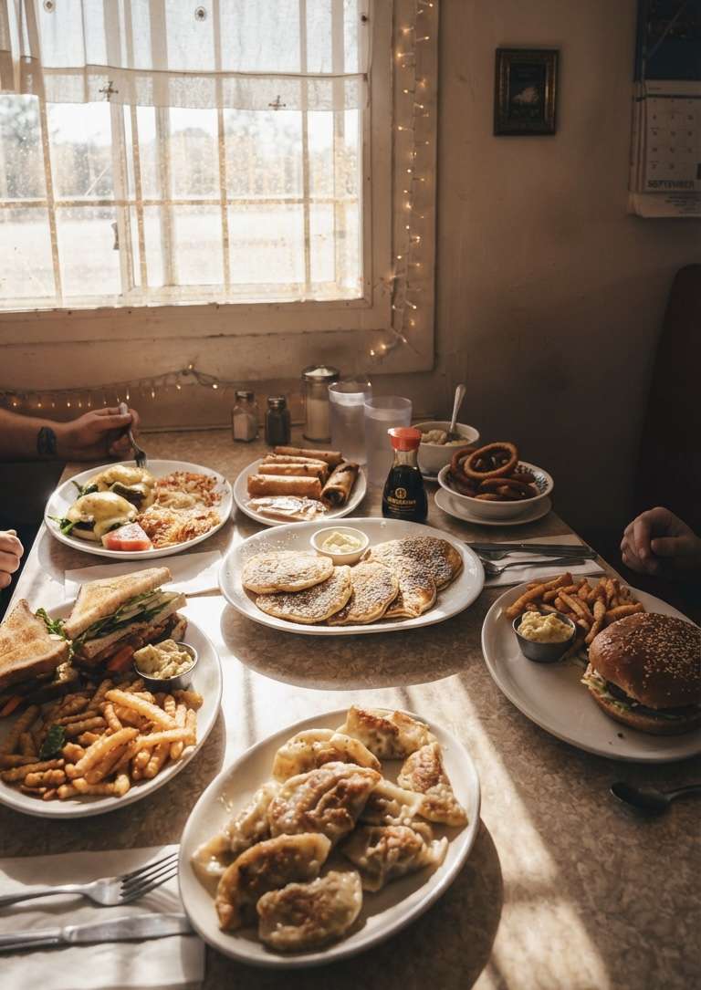A table full of real cooked dishes, pancakes, a club sandwich, fries, and dumplings, in the window light of a neighborhood cafe