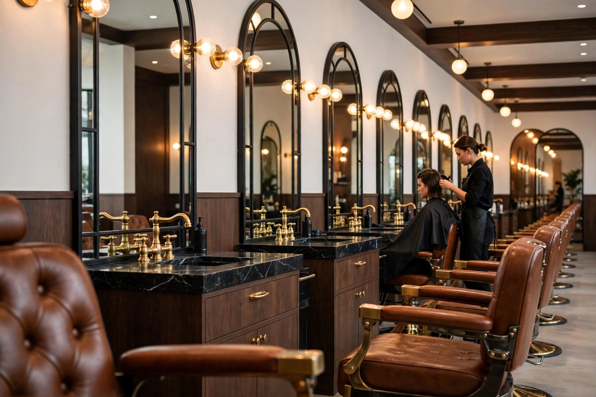 An upscale salon interior with tall arched mirrors, brass fixtures, black marble counters, and cognac leather styling chairs, a stylist finishing a client's hair