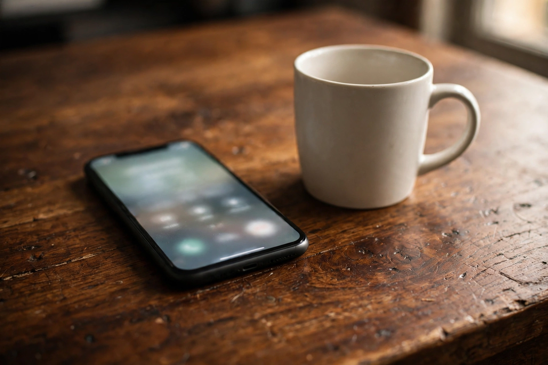 A phone lighting up with an incoming call on a stained wooden desk with a rich, warm wood grain, a plain ceramic mug beside it