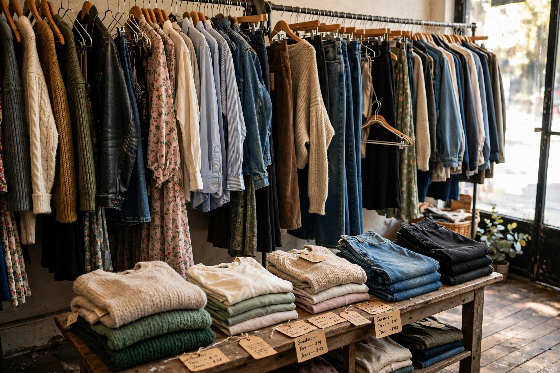 A long, crowded rack of clothes in a small boutique — floral dresses, shirts, denim and leather jackets, chunky knits, trousers, jeans, and skirts on mismatched hangers — with neat folded stacks of sweaters, tees, and jeans on a wooden table in front, and handwritten price tags among them