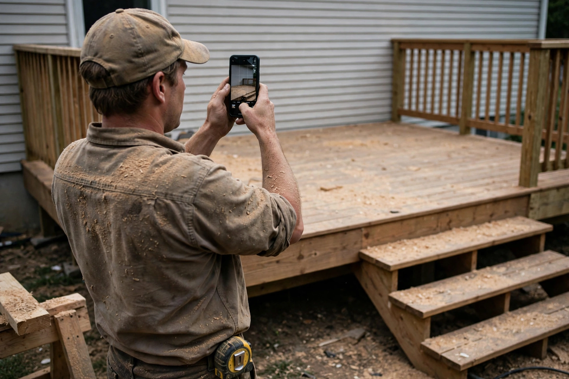 A contractor holding up a phone to photograph the wooden deck he just finished building