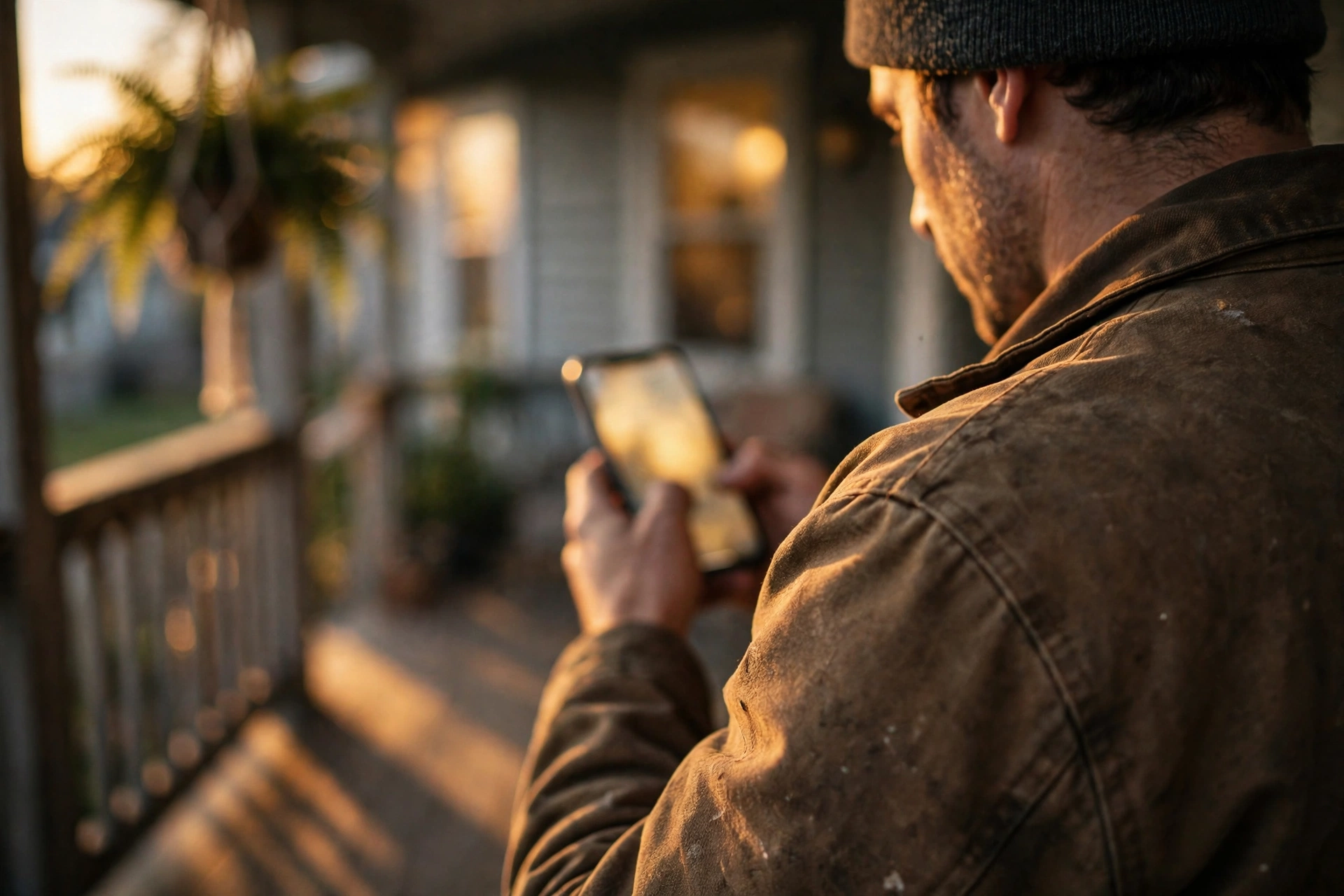 Over a contractor's shoulder on a customer's porch at dusk, golden light catching his worn work jacket as he holds his phone to follow up on an estimate