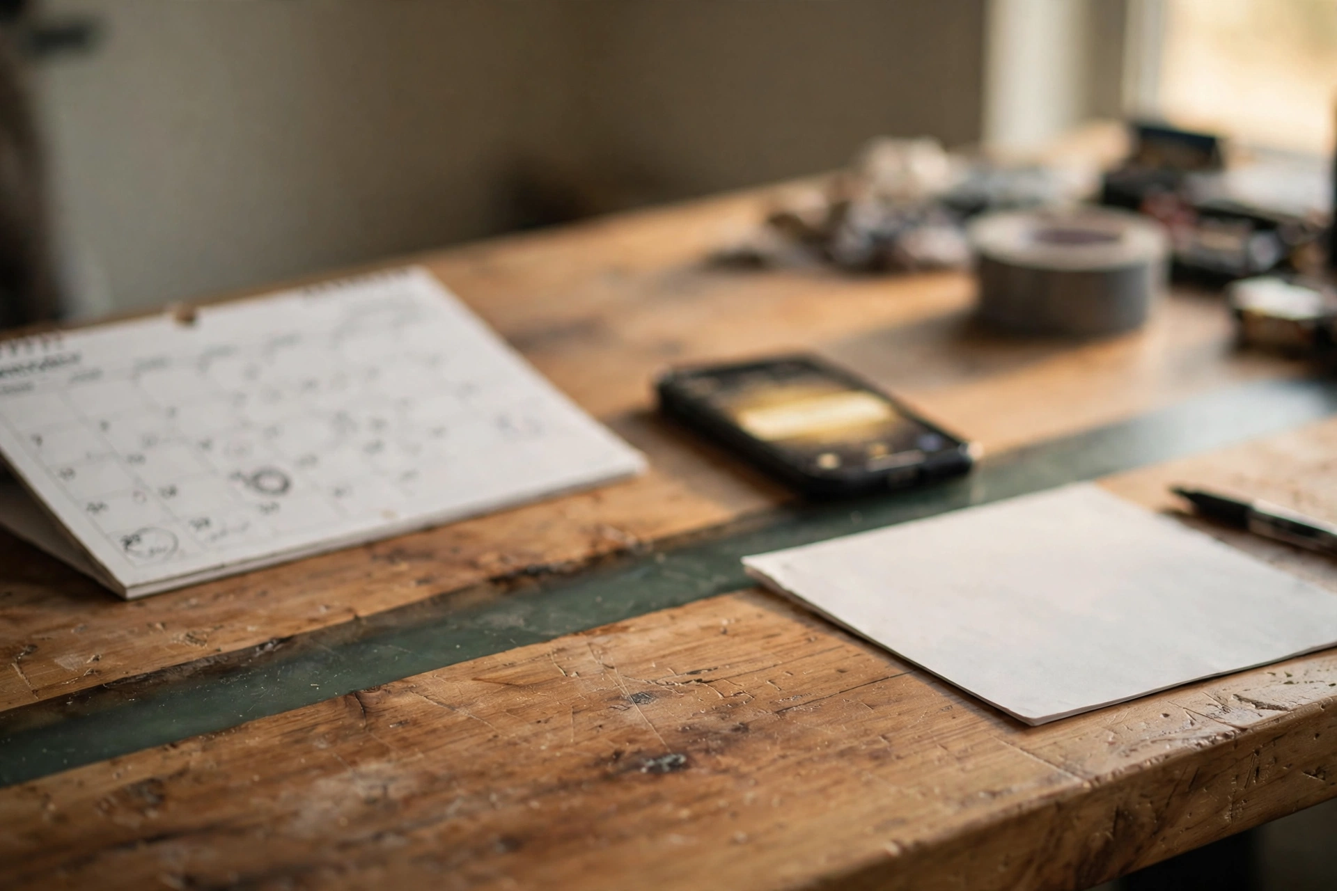A phone showing a reminder beside a paper calendar with a few dates circled in pen, on a worn wooden desk with one narrow, muted deep-green epoxy river inlay