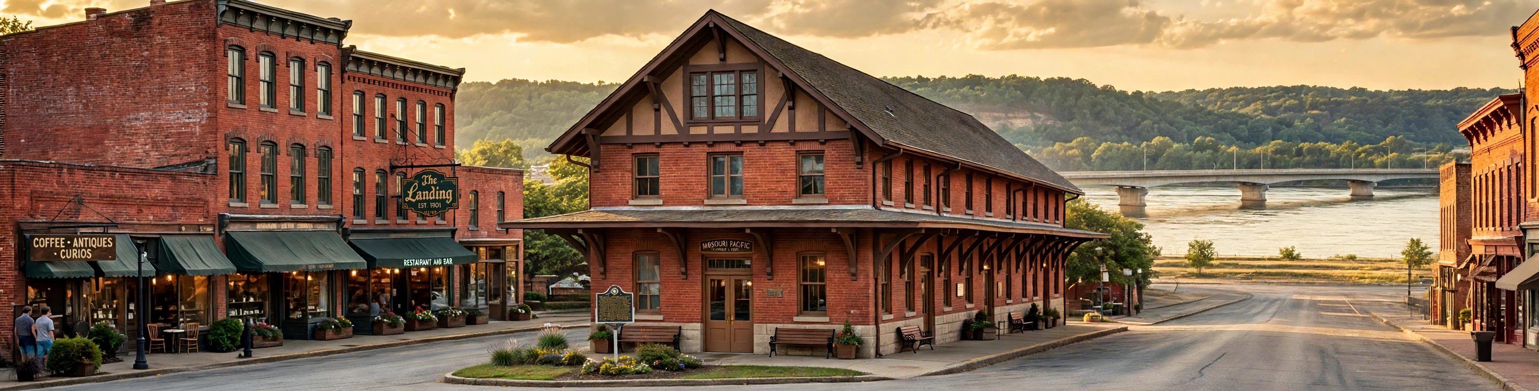 Washington, Missouri — the historic depot and Front Street by the river, illustrated from real photographs