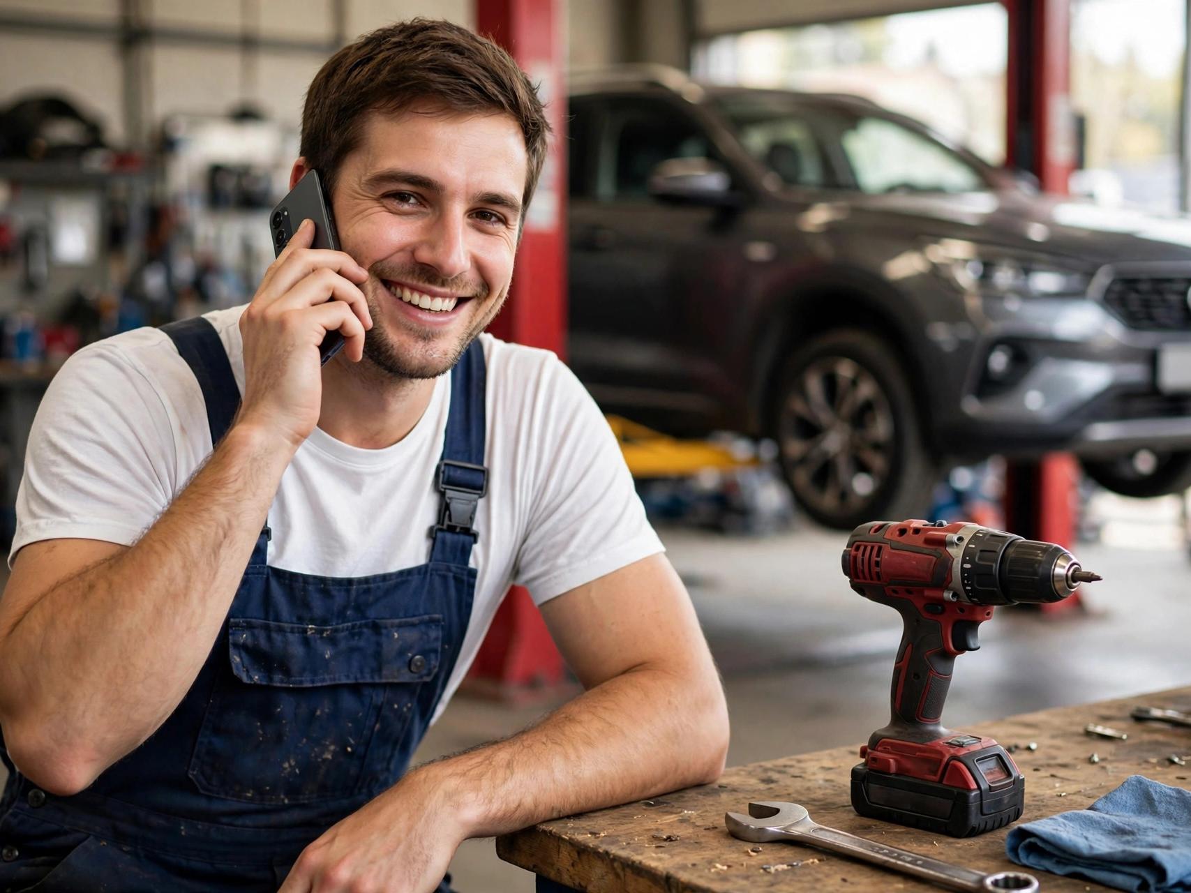 A mechanic at his workbench in an auto repair shop, on the phone with a customer while a car waits on the lift behind him